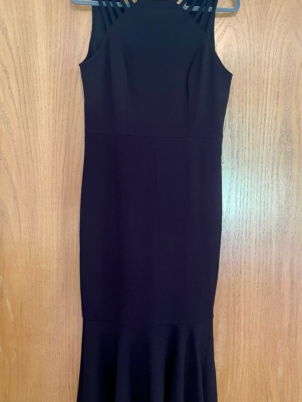 Sleeveless Black Midi Dress with Strappy High Neckline